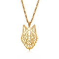 Detailed macro shot of a hollow geometric gold wolf head pendant necklace with fine chain - Curb Chain / Gold