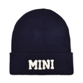 Close-up of dark navy knit beanie with MINI letter embroidery and texture detail - Navy Blue