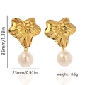 Elegant gold leaf titanium steel earrings with round pearl charms, 35mm height and 8.6g weight - Style 2-Leaf Pearl