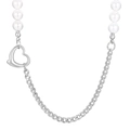 Silver-finish Cuban chain and white shell pearl necklace with an open heart pendant - Silver Hollow Heart Style (KN233650-Z)