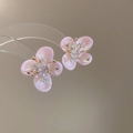 Pink shell-texture flower stud earrings with a gold center and clear zircon inlay - 87# Silver Pin - Gold Pink