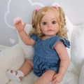 Lifelike 55cm baby doll with blonde pigtails wearing blue denim overalls and white sandals - Blue Denim Jumpsuit Style / 55cm Standard Painting
