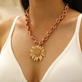 Golden daisy flower pendant necklace with pink woven cord and chunky link chain style - Gold Large Sunflower Necklace