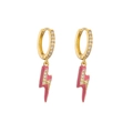 Macro shot of gold hoop earrings featuring pink enamel lightning pendants with zircon accents - Pink Lightning