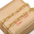 Golden stainless steel paperclip chain with 17mm by 7mm links on a leather display - Hammered Paperclip 17x7mm / Gold
