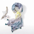 Cotton linen scarf with tropical palm leaves print and colorful tassels in white - SL2302-028 (Tropical Palm Leaf Print)