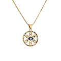Golden Evil Eye pendant necklace with colorful cubic zirconia and Box Chain on white background - Mandala Blue Evil Eye