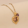 Détail du pendentif cœur avec rose rose, incrustation rouge et zircon violet poli - Style Coeur Fleur Rose (5#)