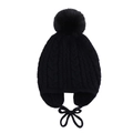 Detail of black cable knit baby winter hat with large faux fur pompom and earflap straps - One Size / Black