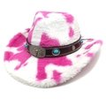Pink and white cow print faux fur cowboy hat with silver bull head buckle and turquoise band - M (56-58cm) / Heart Crown Rose Red