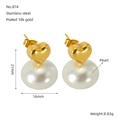 French retro heart pearl stud earrings in gold plated stainless steel for women - 18K Gold / Gold