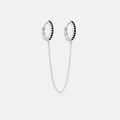 Detail of S925 silver double hoop earrings with black zircon stones and a delicate chain link - 925 Silver / Platinum Plated with Black Stone