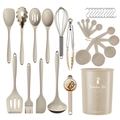 15-piece beige silicone cooking utensil set with storage bucket on white background - 32-Piece Set / Khaki