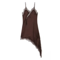 Detail of dark brown satin slip dress with lace trim and asymmetrical hem design - Coffee