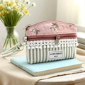 Pink floral and green striped handmade fabric coin purse with lace trim and wristlet - Pink Dandelion Coin Purse