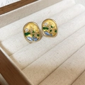 Detailed close-up of vintage oval enamel flower earrings with pearls in a jewelry box - 2# Silver Needle-Yellow
