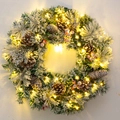 Detail of flocked Christmas wreath with pine cones, red berries and warm LED lights - Timer Waterproof Battery Light (SYWT001)