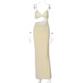 Detailed view of pale yellow maxi dress featuring waist cut-outs and sheer mesh patchwork - L / Light Yellow