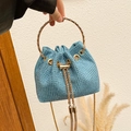 Elegant blue rhinestone bucket bag with gold ring handle and tassel drawstring detail - Blue