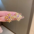 Vintage baroque cross earrings with hammered gold finish, purple stones and small pearls - Purple Cross Flower (HE11465)
