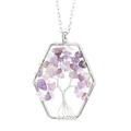 Macro detail of handmade Tree of Life necklace with purple crystal and hexagonal frame - Purple Crystal