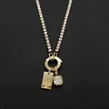 Gold stainless steel necklace with clear rhinestone square and engraved letter P tag - Letter P (XNL0116)