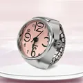 Creative silver-tone alloy finger watch ring with light pink dial and elastic metal band - Pink