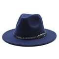 Close-up of navy blue wool fedora hat featuring a black woven leather band and buckle - M (56-58cm) / Navy Blue