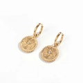 Elegant gold hoop earrings with starburst round pendant and white zircon stones - Gold/White Zirconia