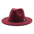Detail of burgundy wool fedora hat featuring a slim leather band and silver carved buckle - M (56-58cm) / Burgundy