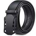 Cinturón de hombre en cuero negro con hebilla automática mate y textura de grano - Hebilla Estilo Coche Negro Puro / 120cm