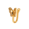 Gold U-shaped butterfly faux nose ring with sparkling diamonds and black crystals - Gold