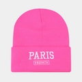 Detail of hot pink ribbed beanie featuring white Paris French embroidery texture - One Size / Rose Red