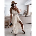 Weißer Spitzen-Jumpsuit mit V-Ausschnitt, Taillenausschnitt und Urlaubs-Spitzendetails - S / Weiß