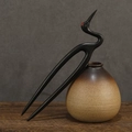 Classic Chinese sandalwood hair stick featuring a red-crowned crane design in black - Red-crowned Crane Shape (F2023806)