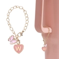 Pink butterfly and heart letter W charm chain for Stanley cups in golden finish - Butterfly + Letter Charm / Pink Heart Letter W