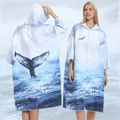 Quick-dry hooded beach poncho with whale print and zip front in blue and white - One Size / Cardigan Style - Grey Blue Whale Tail