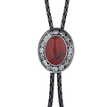 Detail of western bolo tie with red agate gemstone in vintage silver floral frame - Red Brown Gem