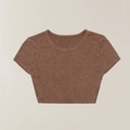 Brown ribbed silk fitted crop top tee with short sleeves and a vintage minimalist look - XS / Mustang Brown