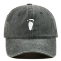 Macro view of detailed white Grim Reaper embroidery on a vintage charcoal baseball cap - Adjustable / Army Green