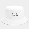 Witte vissershoed met zwarte kattenborduring voor zonbescherming in de zomer - Eén maat / Grote Oog Kat Wit