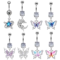 Ensemble de piercings nombril avec pendentifs étoile lune et papillon en cristal - Ensemble (8 Pièces)