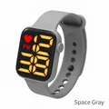 Detailed side view of space gray digital watch with orange LED display and silicone strap - Space Grey (Yellow LED)