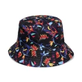 Black bucket hat featuring vibrant tropical floral and palm leaf prints with a wide brim - Black Colorful Tropical Plant Print (W)