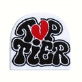 White knit beanie with black TOP TIER lettering and red broken heart embroidery - White