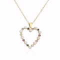 18K gold plated heart pendant necklace with pearls and colorful zircons on white background - Hollow Heart Style with Colorful Gemstones and Pearls (21908)