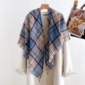 Close-up of blue pink and beige plaid scarf with tassel fringe on white wool coat - 200x90x130cm / Blue
