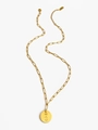 Golden paperclip chain necklace featuring a round pendant with sun and wave icons - Sun Wave Heart Icon