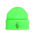 Detailed view of neon green knitted beanie with black skeleton hand embroidery design - M (56-58cm) / Fluorescent Green
