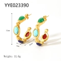 18K gold plated C-shape earrings featuring vibrant green, blue, and red natural stone inlays - Multi-color Gemstone C-Shape Style (YYE023390)